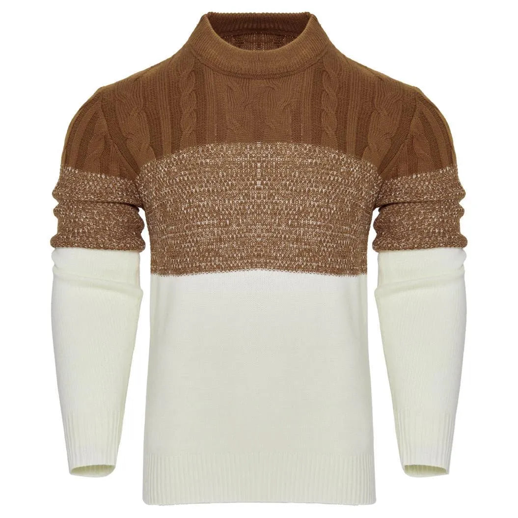 Men's knitted crew neck pullover sweater with long sleeves shown in multiple sizes