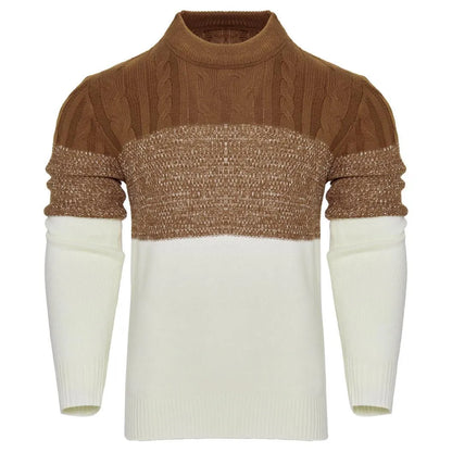 Men's knitted crew neck pullover sweater with long sleeves shown in multiple sizes