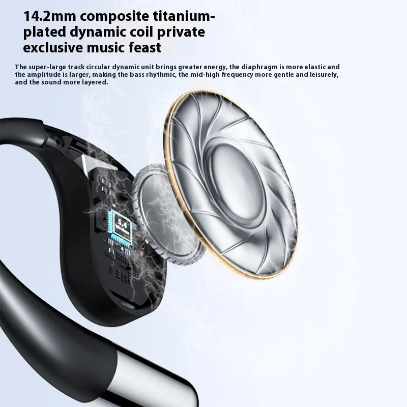 Beige and black sports Bluetooth earphones with a hanging ear design, shown with a digital display.
