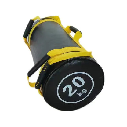 White PVC training sandbag with leather exterior shown in gym setting with weight options from 5kg to 30kg