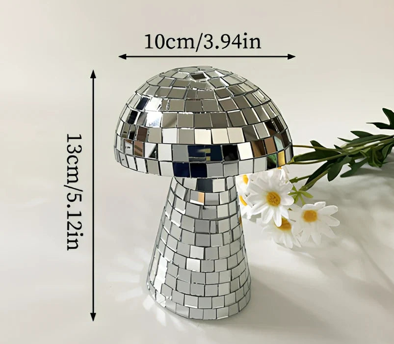 Handmade mirror glass mushroom ornament with geometric brick pattern in silver, gold, or rose gold