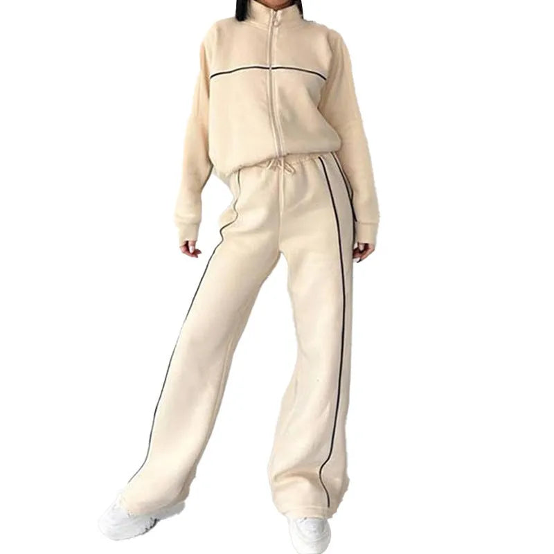 Women's casual suit with long sleeve mock neck hoodie and striped lace-up trousers in apricot colour