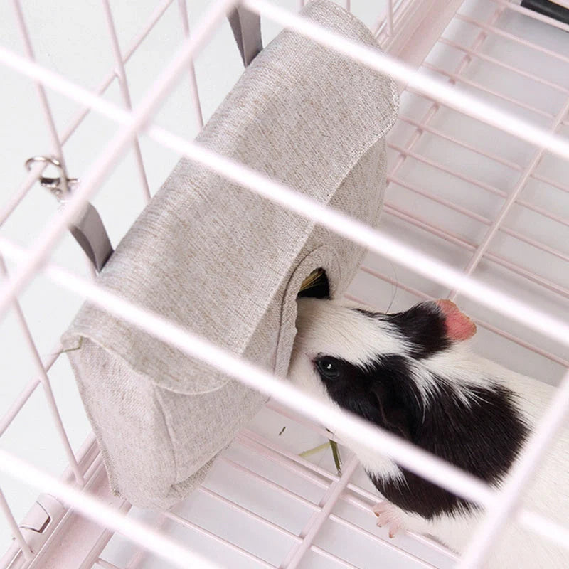 Durable cloth feed bag for small pets including rabbits, guinea pigs, and hamsters in grey and blue.
