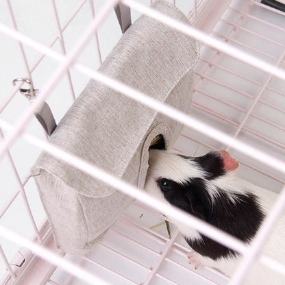 Durable cloth feed bag for small pets including rabbits, guinea pigs, and hamsters in grey and blue.