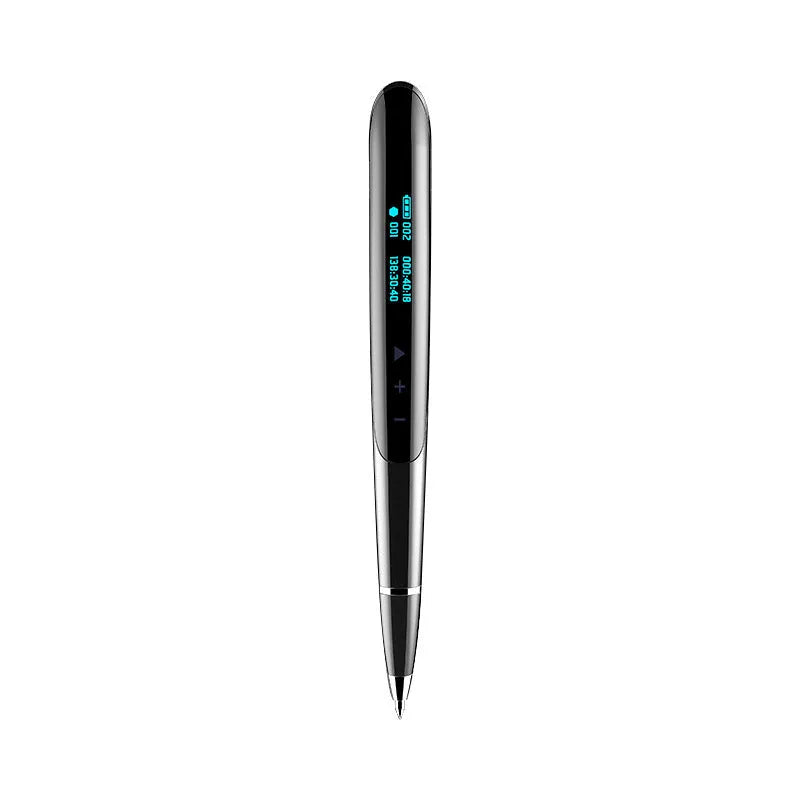 Black lossless audio recording pen with OLED display screen on a desk next to headphones.