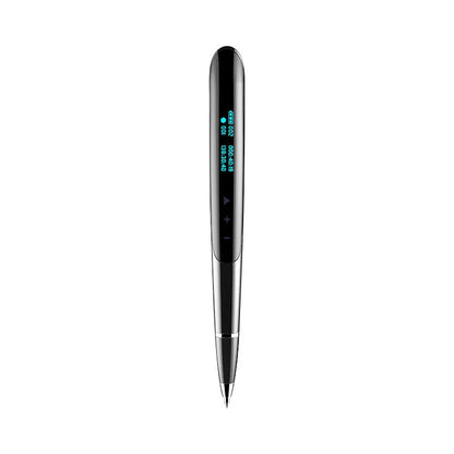 Black lossless audio recording pen with OLED display screen on a desk next to headphones.