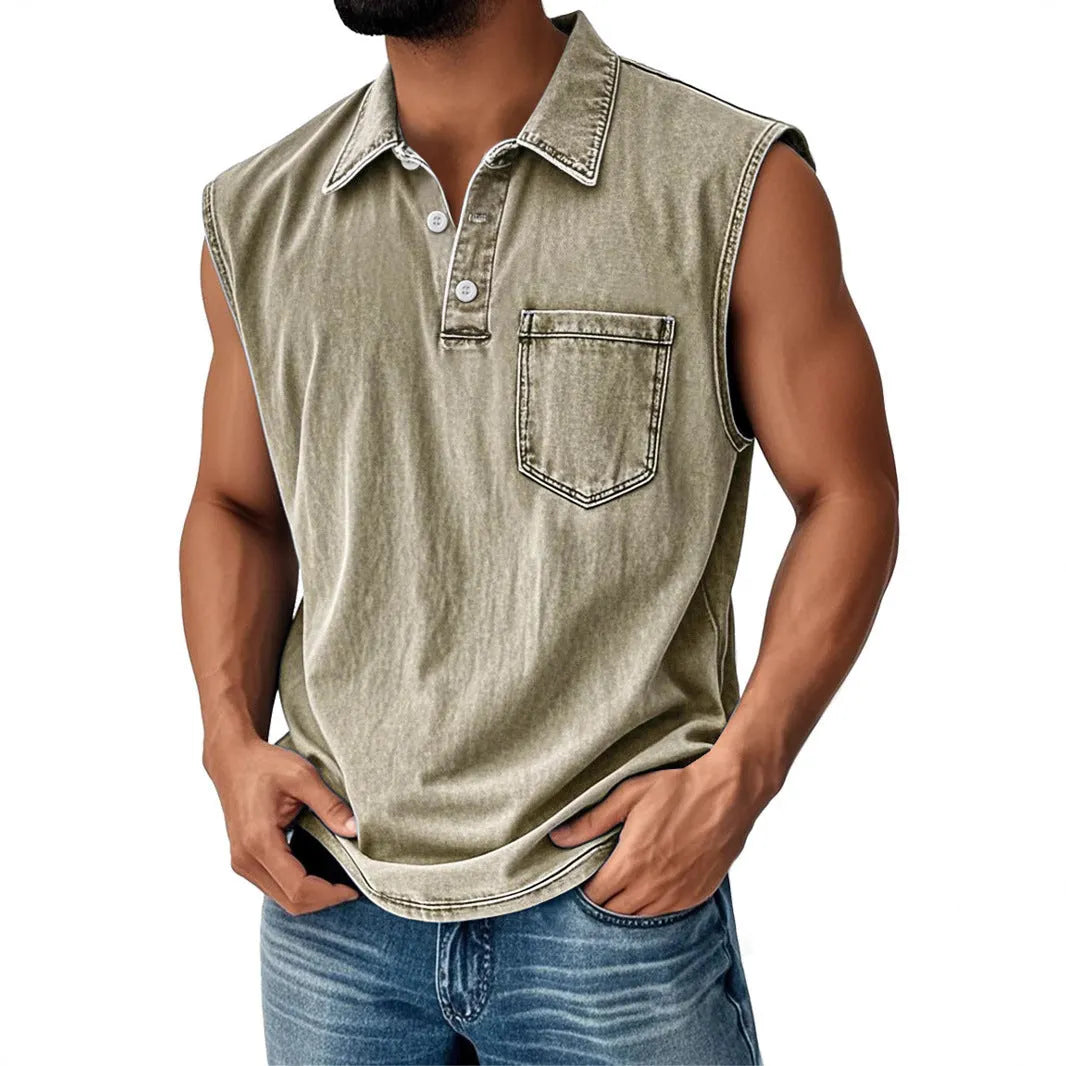 Man wearing a short-sleeve polo shirt with a colourful 3D digital print design on the front.