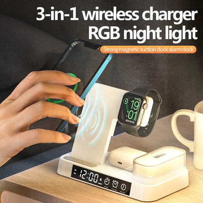 White 4-in-1 wireless charger station with foldable stand, alarm clock display, and Apple Watch charger