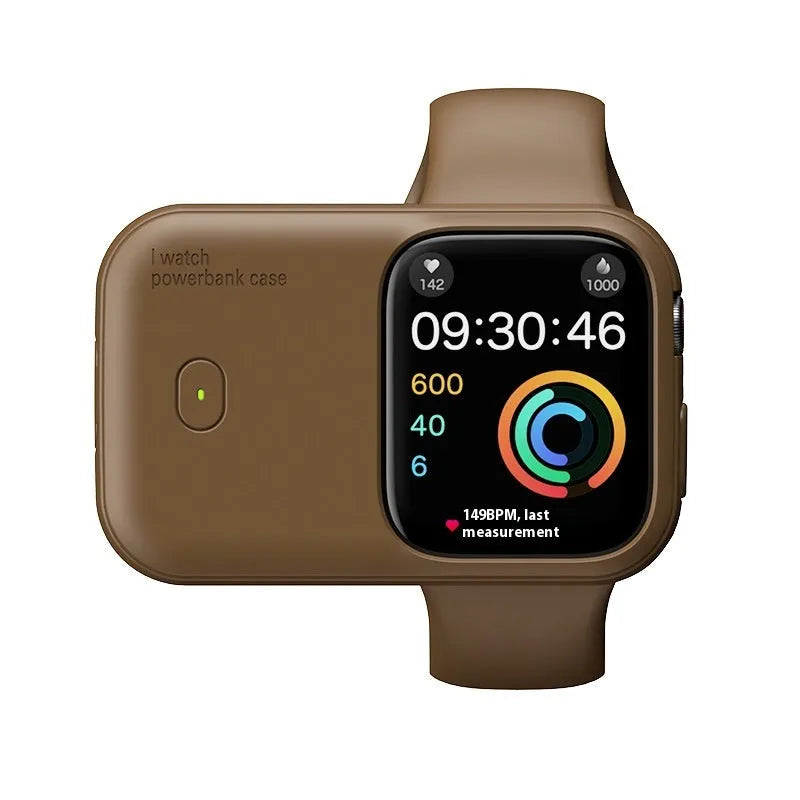 Apple Watch Ultra portable wireless power bank charging case in brown, midnight blue, or starlight.