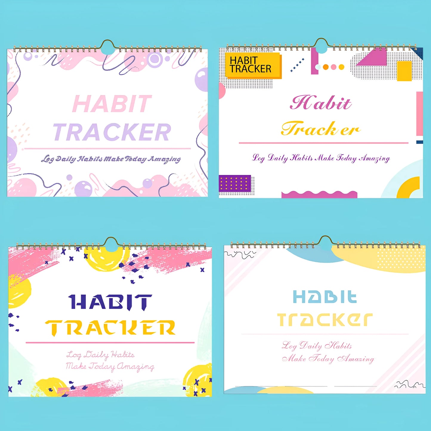 Habit tracking planner book open showing 12 internal pages, measuring 21cm by 28cm.