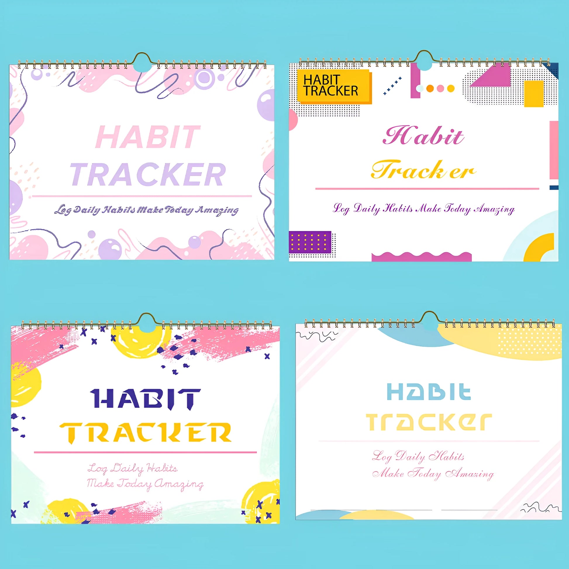 Habit tracking planner book open showing 12 internal pages, measuring 21cm by 28cm.