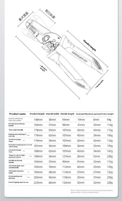 Fully automatic wire stripping pliers with high carbon steel blades and 45 # steel construction, 0.361kg weight