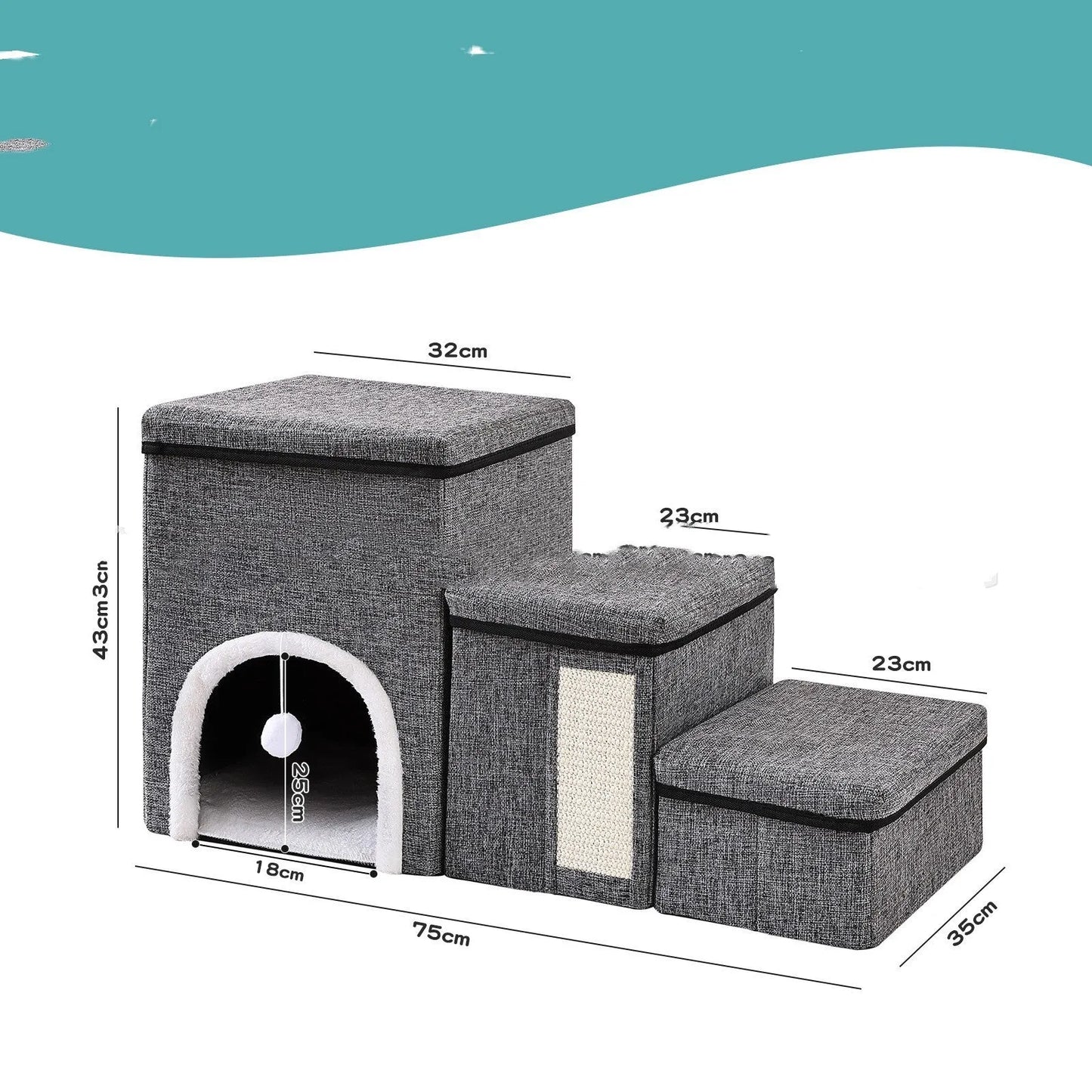 Dark grey cloth pet steps ladder measuring 33x76x42cm for dogs and cats