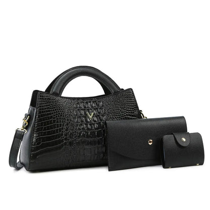 Women's square crossbody bag in crocodile pattern PU leather, showing internal organiser pockets.