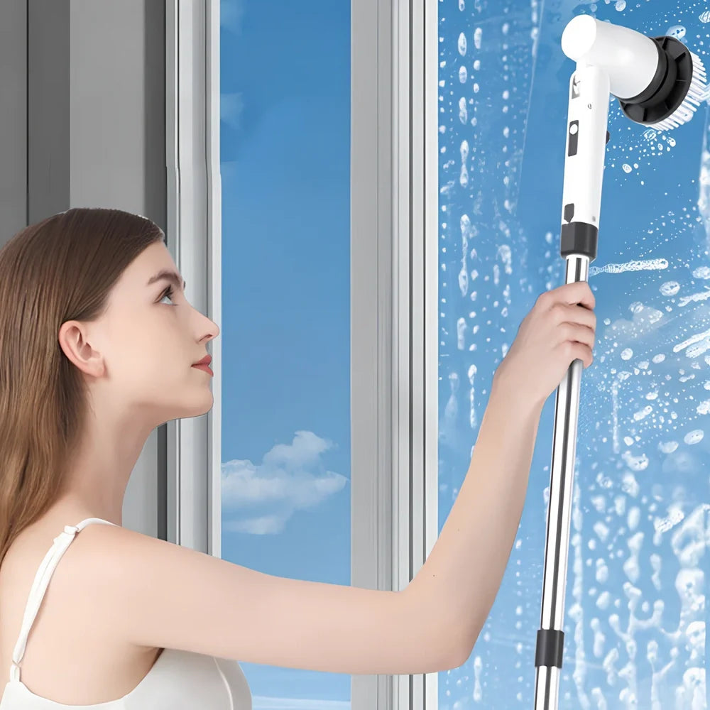 White 7-in-1 wireless electric cleaning brush with retractable 100cm handle and interchangeable heads for bathroom toilet floor scrubbing