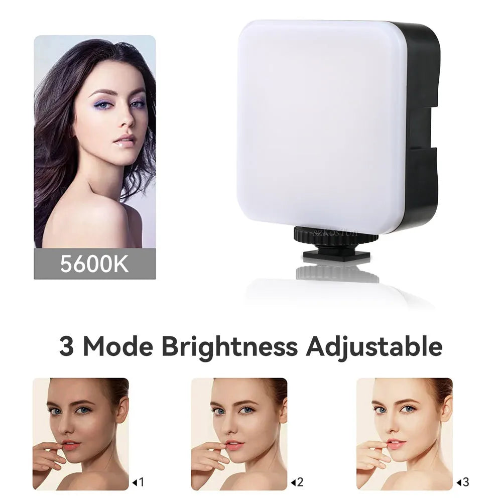 Square LED camera flash with universal hot shoe mount and rotatable head, shown with optional octopus stand tripod.