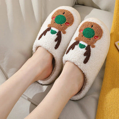 Cozy elk-themed winter home slippers in various candy colors with soft suede upper and supportive EVA sole