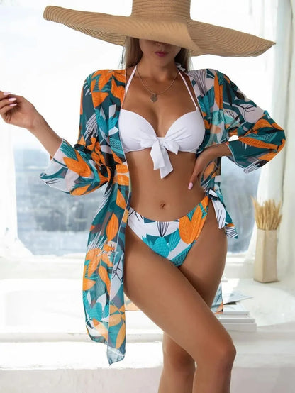 Women's three-piece mesh bikini swimsuit set with coordinating top, pants, and cover-up coat in quick-dry polyester fabric