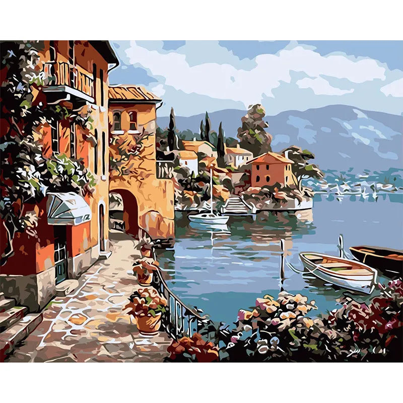 Rimless hand-painted linen oil painting of landscape scene in modern style for wall decoration