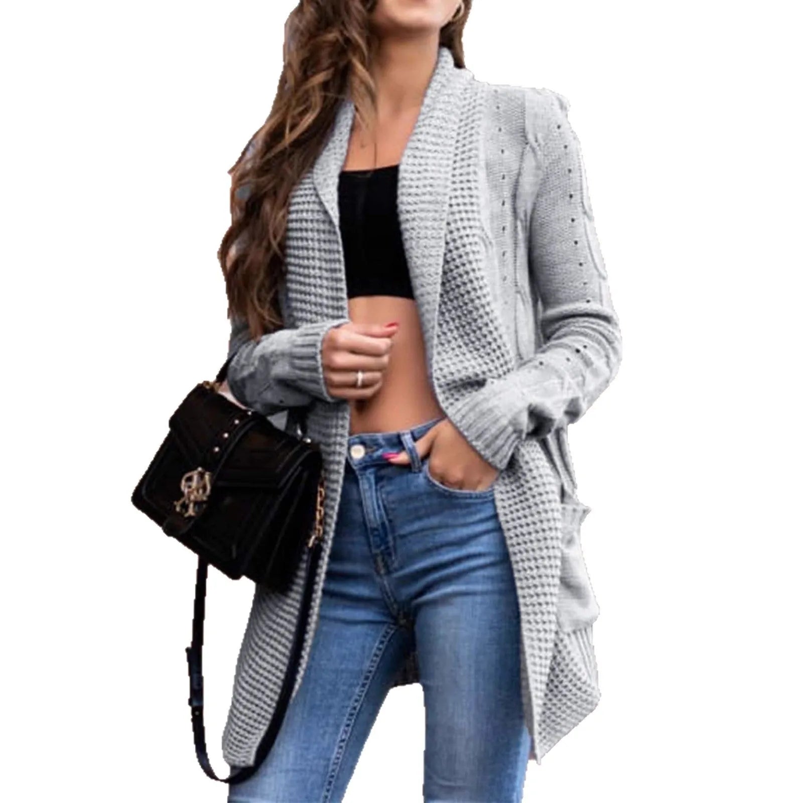 Grey loose-fit women's cardigan coat with long sleeves and side pockets.