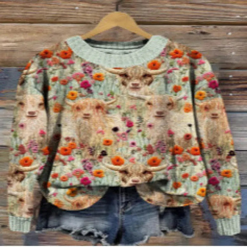 Women's round neck sweater with a colourful digital floral print on polyester fabric.