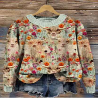Women's round neck sweater with a colourful digital floral print on polyester fabric.