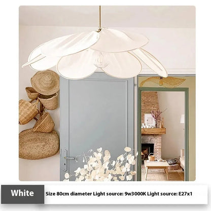 A cloth-craft hanging lamp in log wind Bohemian style, showing fabric texture and soft light diffusion.