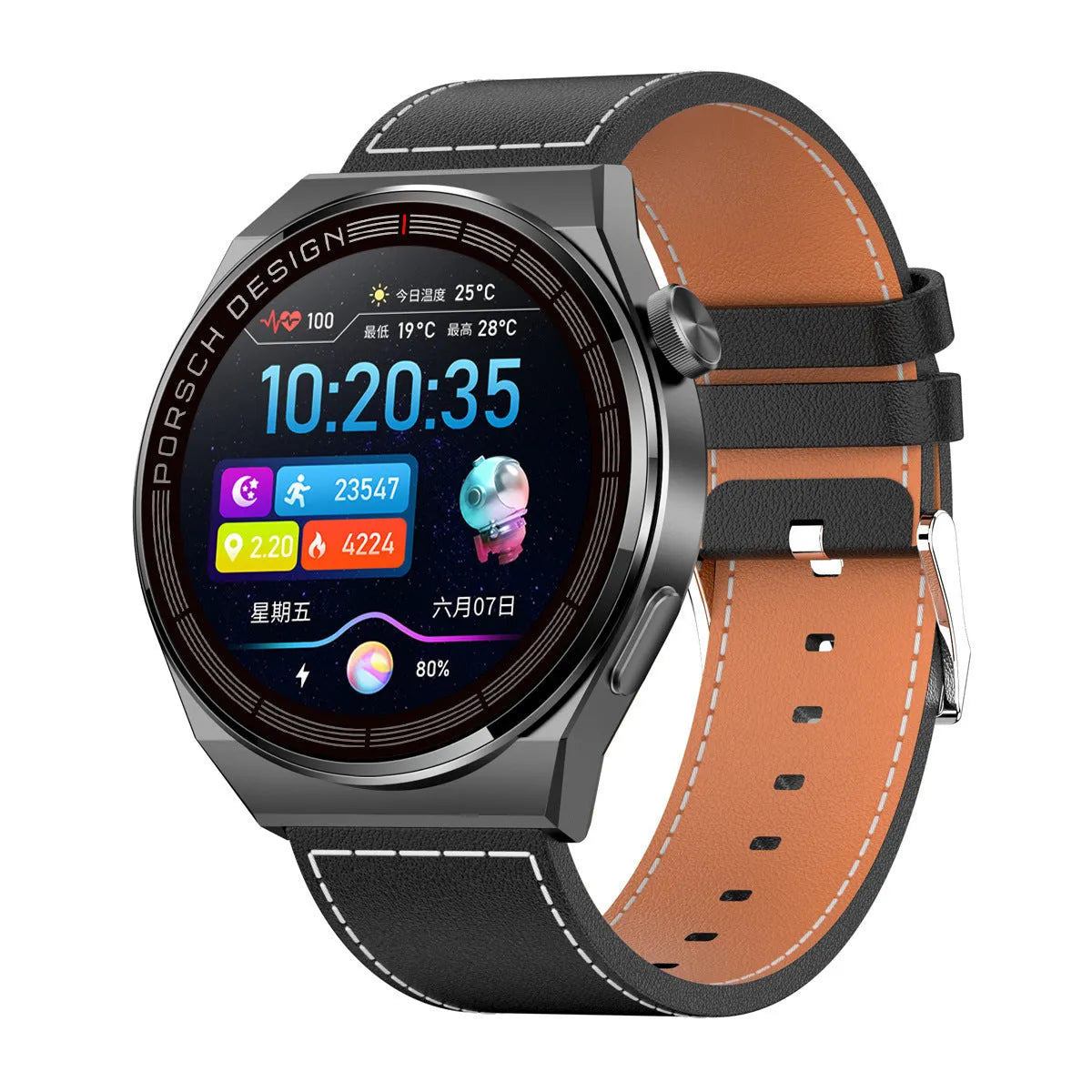 Black or silver smartwatch with a 1.39-inch glass screen on a silicone, steel, or leather-look strap.