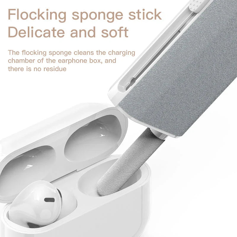 All-in-one smart screen cleaning kit with soft flocking sponge and high-density brush for effortlessly removing dust, smudges, and grime from electronic devices like phones, tablets, laptops, and more.