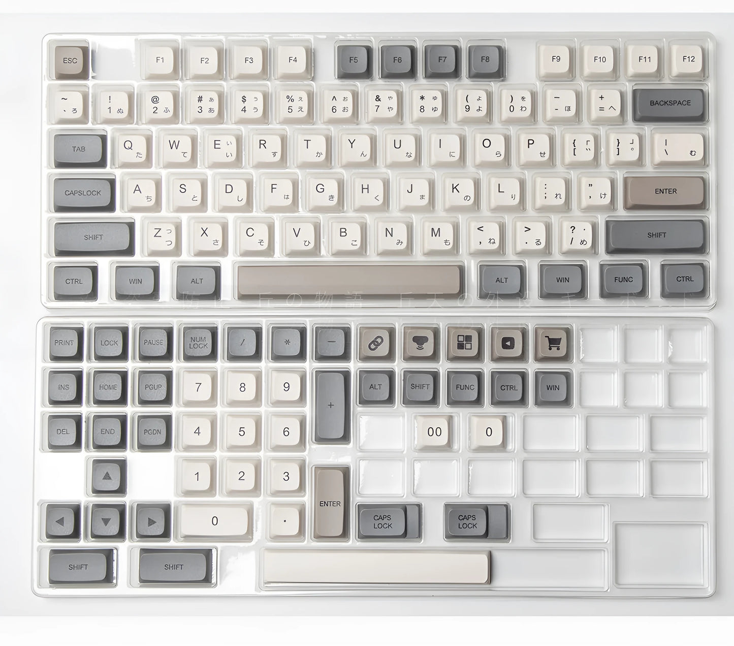 Complete set of 139 PBT XDA profile keycaps for mechanical keyboards with English legends laid out on a table.