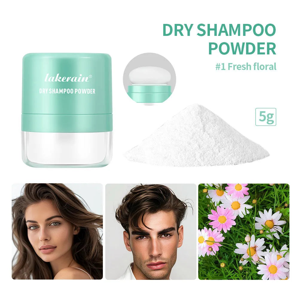 Blue, green, and red sachets of 5g disposable dry shampoo powder with a small mirror for bangs and roots.
