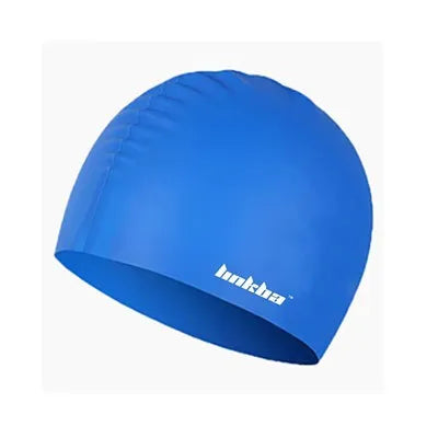 Silicone swimming cap with earmuffs in multiple colours showing letter pattern.
