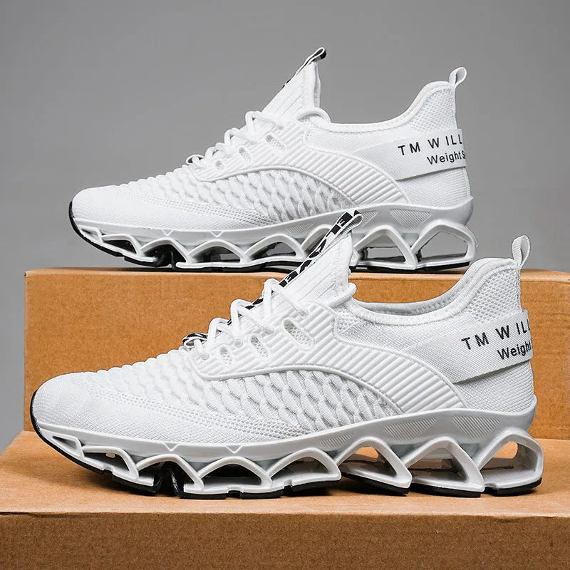 Men's solid colour mesh running shoes with a rubber sole on a white background.