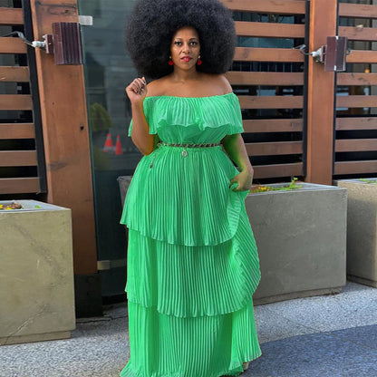 Off-shoulder backless sleeveless pleated maxi dress in yellow red green purple black wine red, sizes S to 4XL
