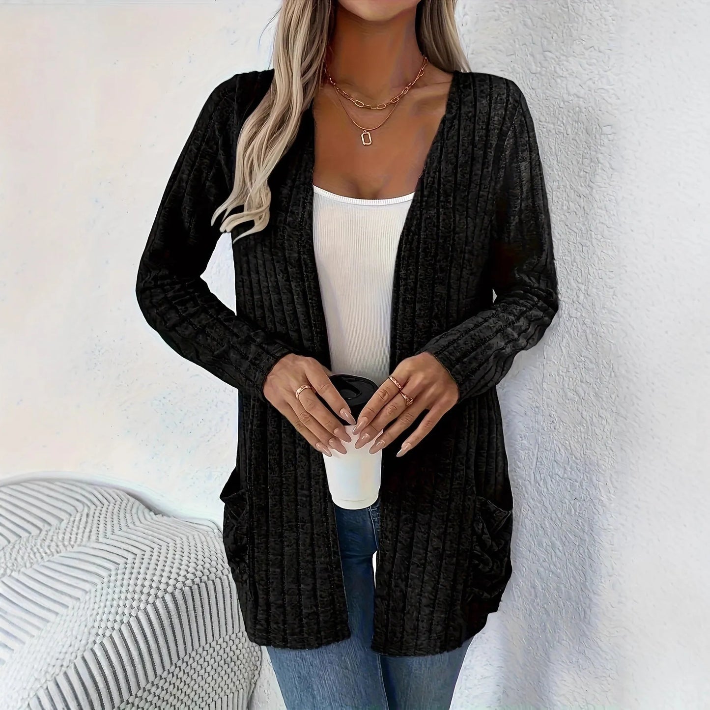 Men's solid grey loose-fitting long sleeve cardigan with side pockets