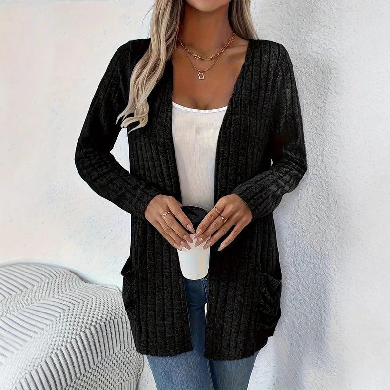 Solid colour cardigan knitwear for men, loose-fitting long sleeve pocket cardigan in polyester, available in granny grey or black in extended Asian sizing from 1XL to 5XL