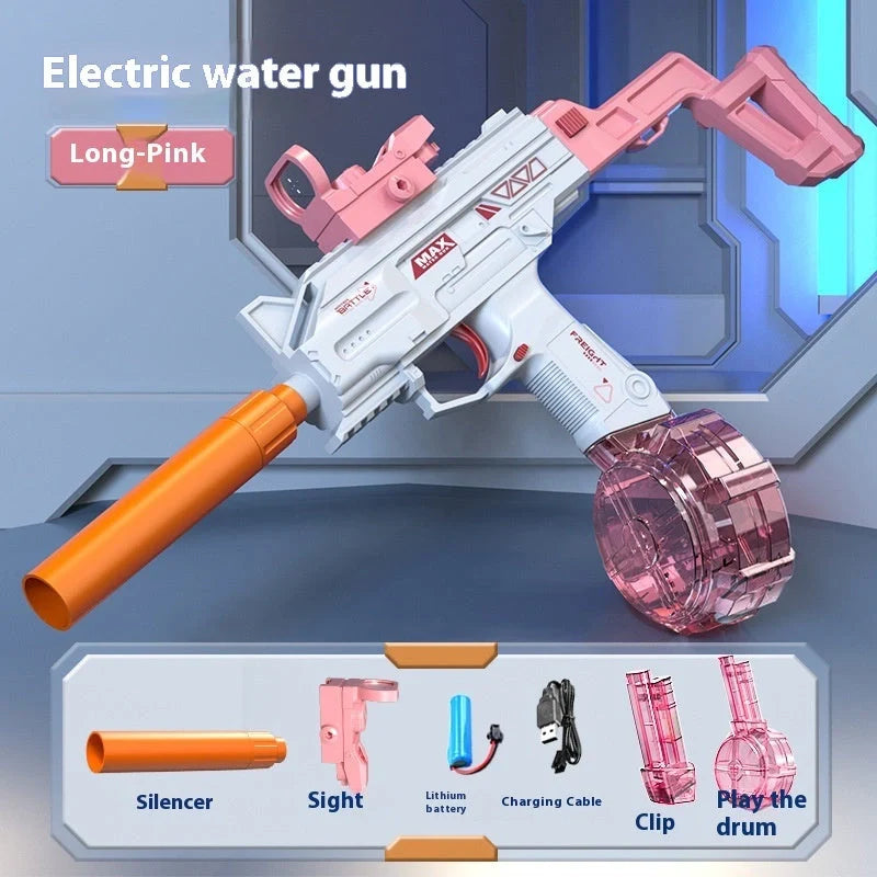 Children's Automatic UZI Electric Backpack Water Gun in blue and pink for summer outdoor fun