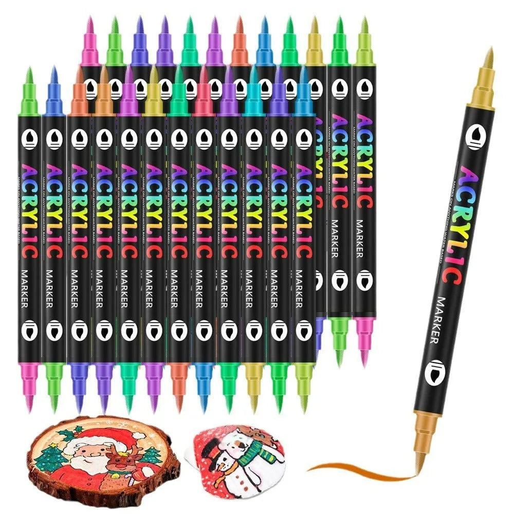 Set of double-ended acrylic marker pens showing fine tip and broad chisel tip on each pen.