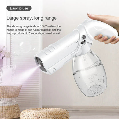 Cordless blue light nano spray gun with 800ml tank, nano-level atomisation, and long-lasting battery life for indoor and outdoor disinfection