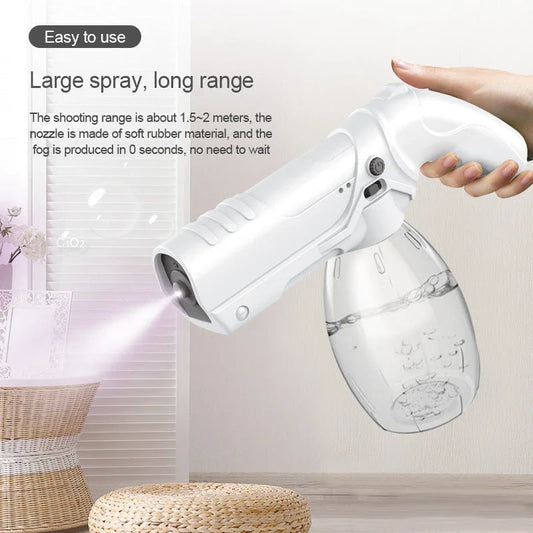 Cordless blue light nano spray gun with 800ml tank, nano-level atomisation, and long-lasting battery life for indoor and outdoor disinfection