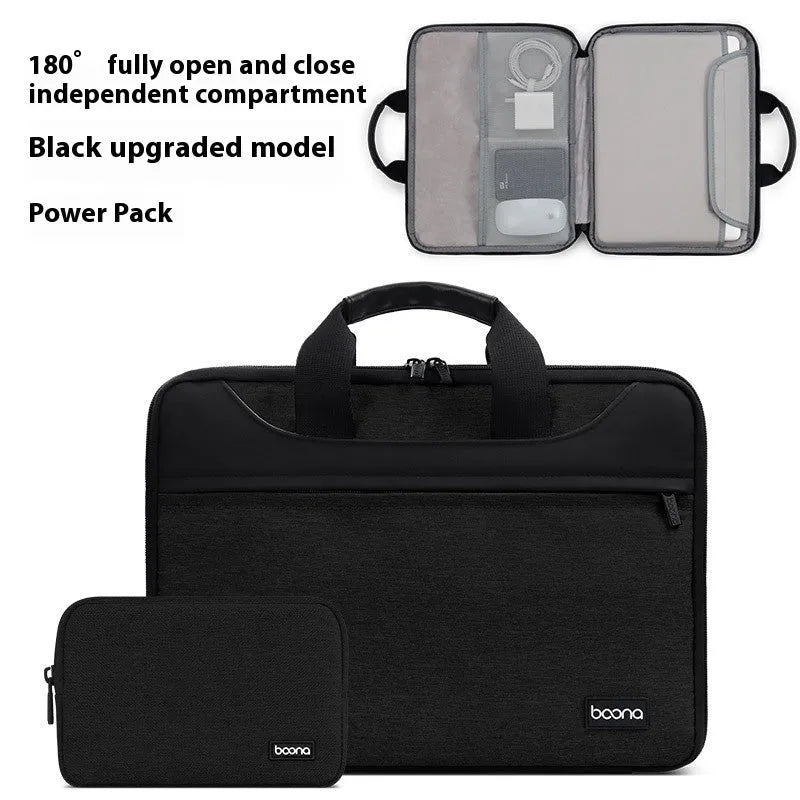 Black Oxford cloth laptop bag fully opened showing main compartment, with soft carry handle.