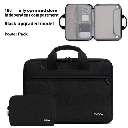 Black Oxford cloth laptop bag fully opened showing main compartment, with soft carry handle.