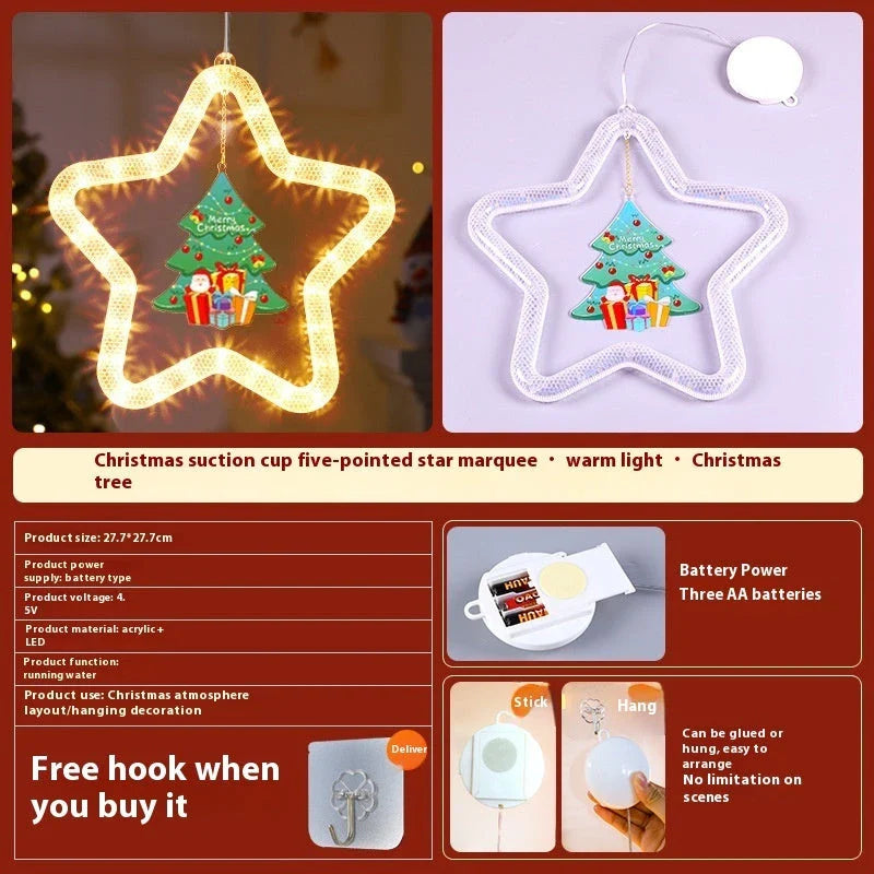 Festive LED Christmas star pendant light with five-point design, perfect for holiday decorations on windows, doors, and more