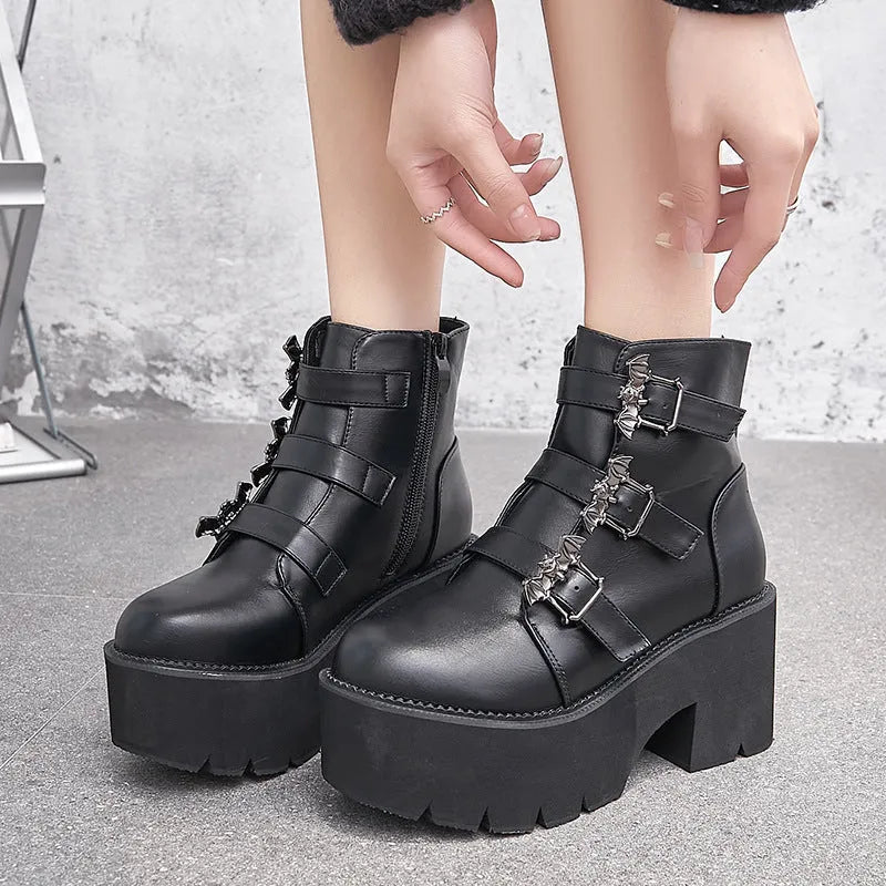Black Harajuku punk bat buckle gothic short boots with side zipper and thick heel
