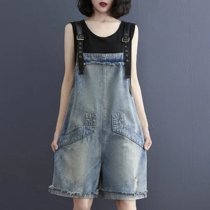 Korean style denim suspenders for women with adjustable straps
