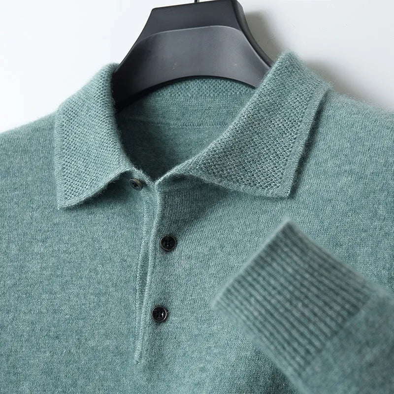 Men's woolen polo collar pullover sweater in seven colour options with long sleeves and textured stitching details