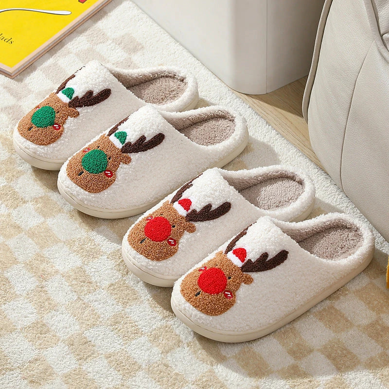 Cozy elk-themed winter home slippers in various candy colors with soft suede upper and supportive EVA sole