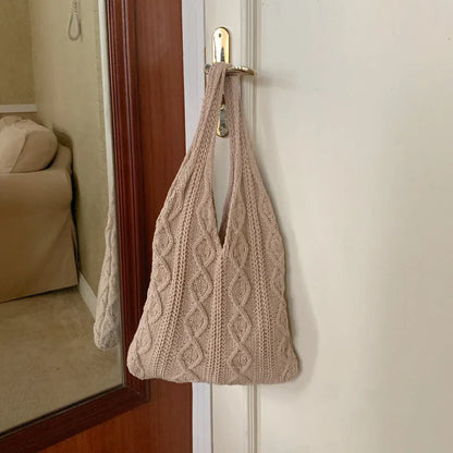 Women's retro crochet shoulder bag in hollow-knitted polyester with double straps, shown in khaki colour