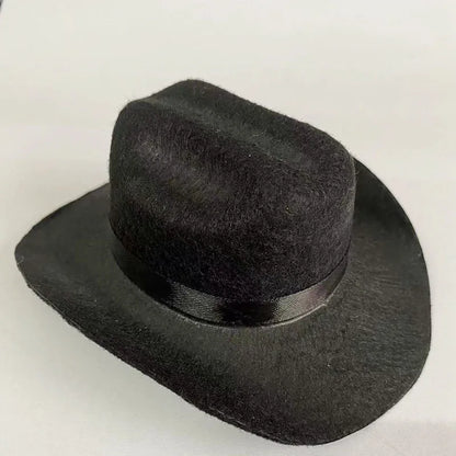 British cowboy hat for a cat on a stand, showing brown non woven fabric with a black ribbon trim.