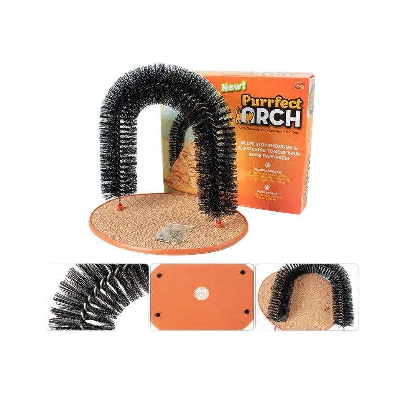 Arched cat grooming toy with built-in brush bristles for scratching and rubbing, made from durable plastic
